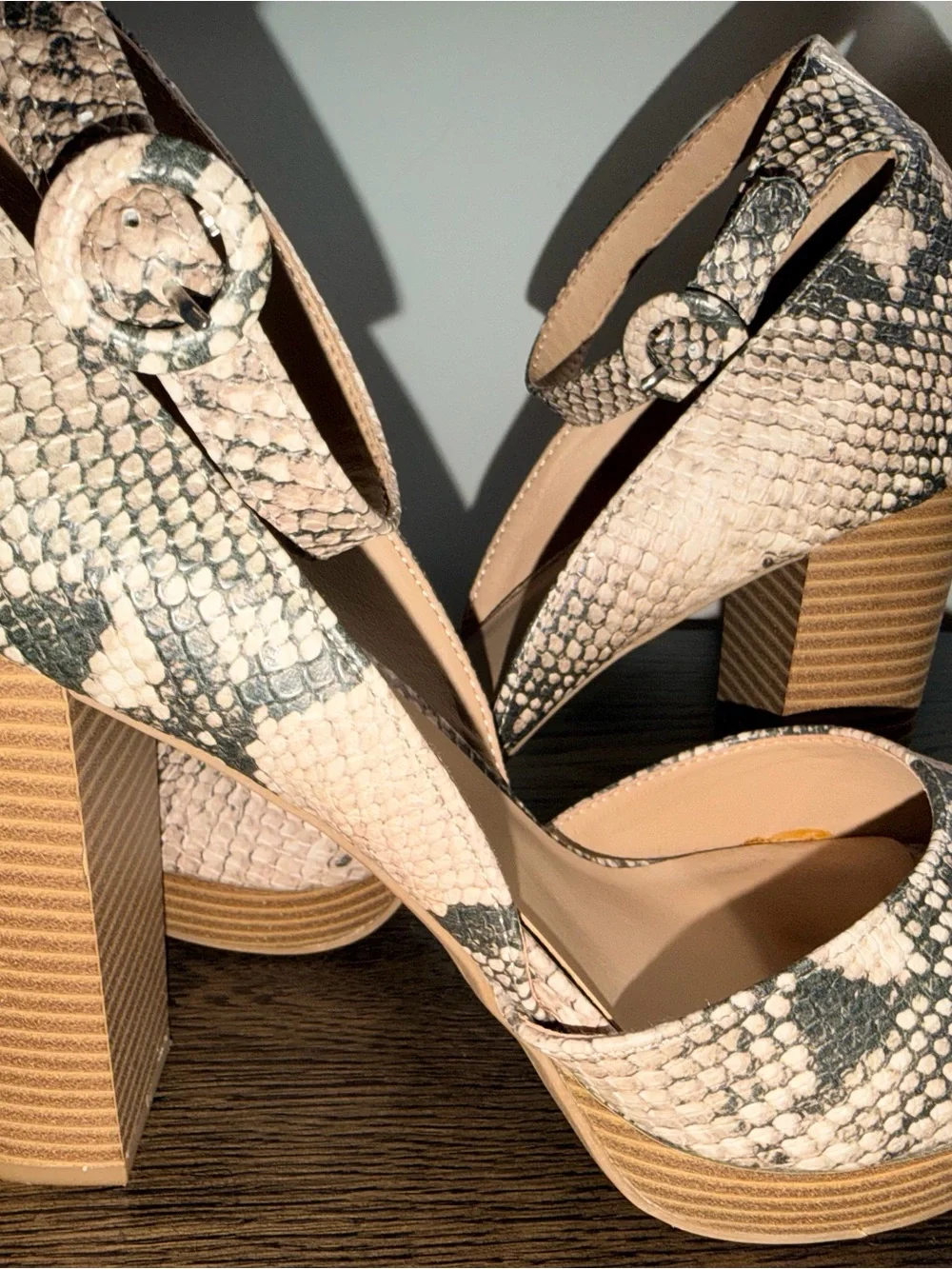 Sun + Stone Tan and Gray Snake-Print Ankle Strap Heels